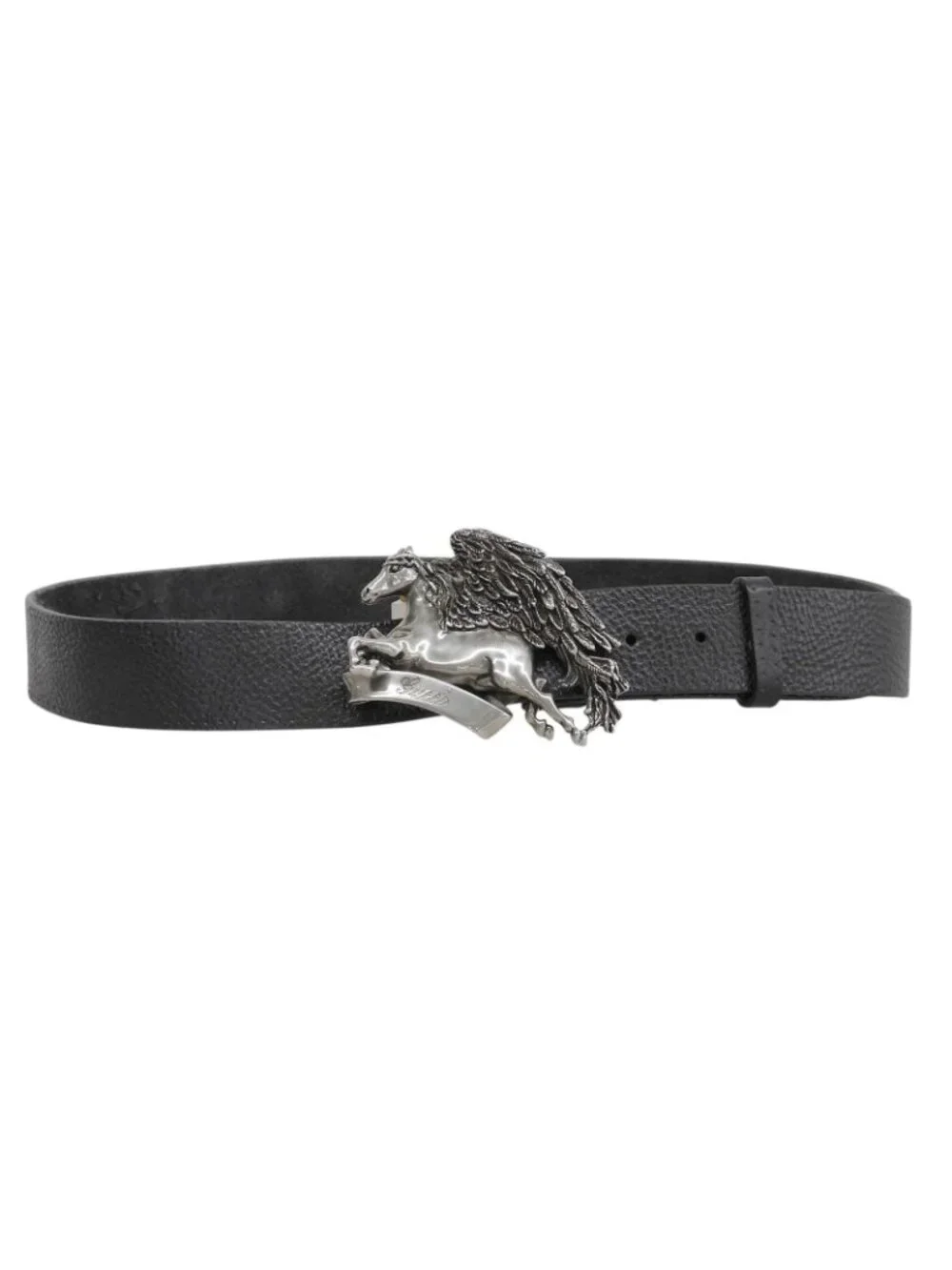 Gucci Pegasus Buckle Leather Belt Black Silver